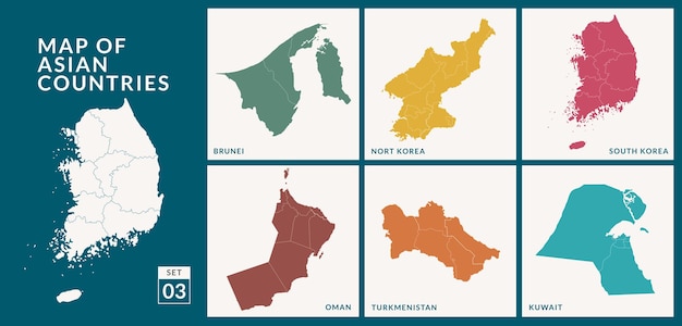 Kaarten van Aziatische landen, landen, Zuid-Korea, Noord-Korea, Brunei, Oman, Turkmenistan en Koeweit
