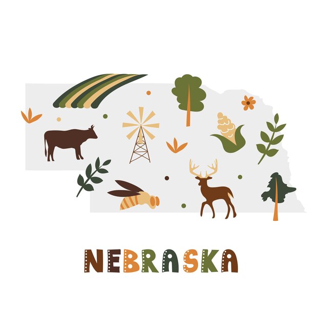 Kaartencollectie van de VS. Staatssymbolen en natuur op grijs staatssilhouet - Nebraska. Cartoon eenvoudige stijl om af te drukken