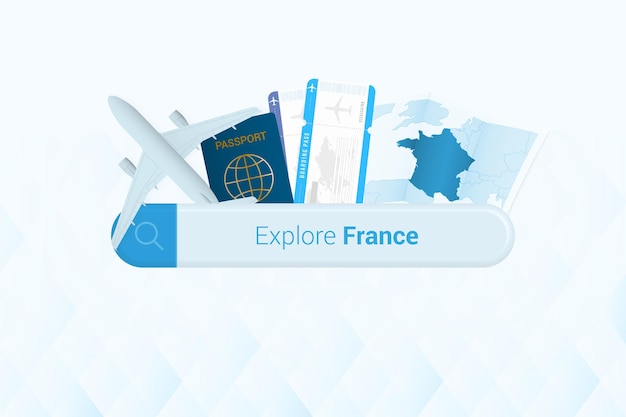 Kaartjes zoeken naar Frankrijk of reisbestemming in Frankrijk Zoekbalk met instapkaartkaartjes voor vliegtuigpaspoort en kaart