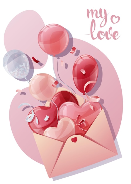 Kaartontwerp voor valentijnsdag en moederdag posterbanner met envelop en ballonnen achtergrond met vliegende heliumballonnen in de vorm van harten