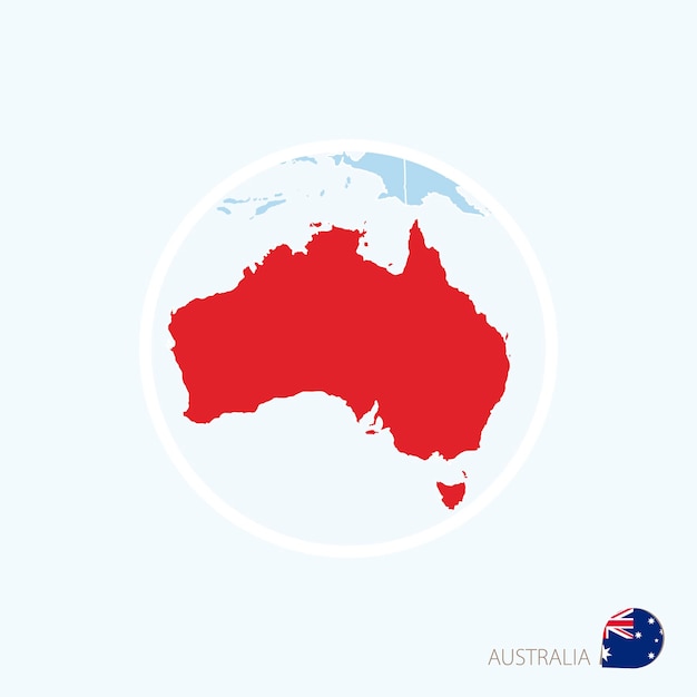 Kaartpictogram van australië blauwe kaart van oceanië met gemarkeerd australië in rode kleur