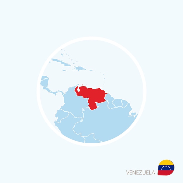 Kaartpictogram van venezuela blauwe kaart van zuid-amerika met gemarkeerde venezuela in rode kleur