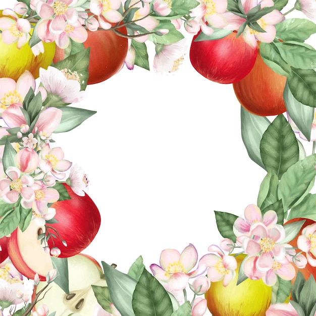 Vector kaartsjabloon frame van bloeiende appelboom takken bloemen en rode appels