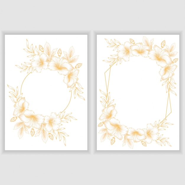 Kaartsjabloon met gouden hibiscus bloemenframe