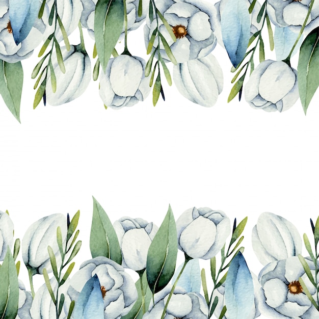 Kaartsjabloon van aquarel witte anemoon bloemen grenzen