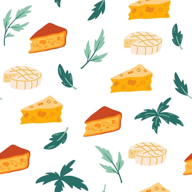 Kaas naadloos patroon. stukjes kaas. cheddar, brie, gouda, feta en parmezaan, kruiden. plakjes heerlijke kazen. perfect voor stof, textiel, behang, printproducten. vector illustratie.