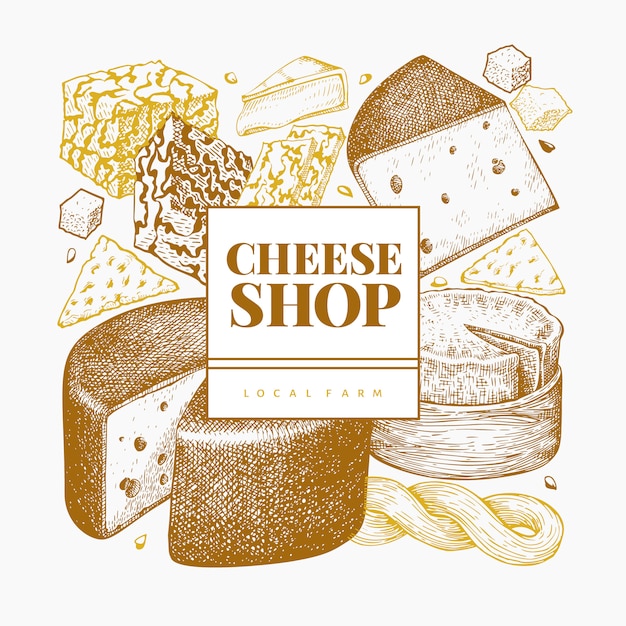 Kaas ontwerpsjabloon. hand getekend zuivel vectorillustratie. gegraveerde stijl verschillende soorten kaas banner. retro voedselachtergrond.