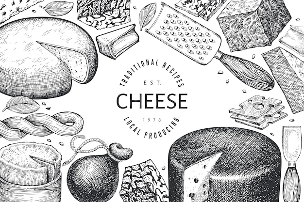 Kaas sjabloon. Hand getekend zuivel illustratie. Gegraveerde stijl verschillende soorten kaas banner. Vintage voedsel achtergrond.