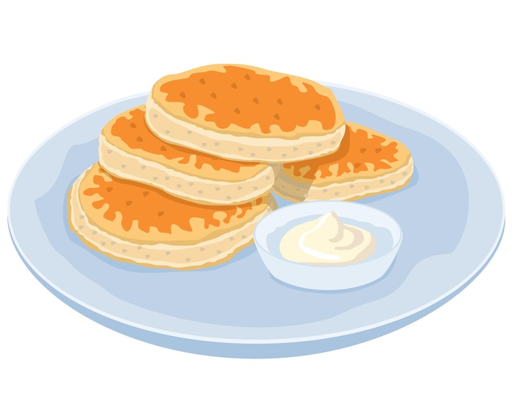 Vector kaaskoeken kaaspannenkoeken syrniki lekker pannenkoeken met zure room of room geïsoleerd op witte achtergrond platte stijl vector kleur illustratie