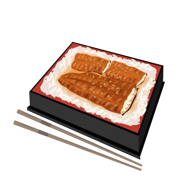 Логотип Kabayaki Unagi с изображением угря на гриле в коробке для бенто
