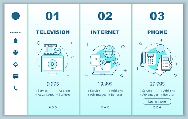 Kabel-tv internet telefoon bundel onboarding mobiele app schermen met prijzen Walkthrough webpagina's sjablonen Communicatie dienstverleners tariefplannen stappen Smartphone betaling webpagina layout