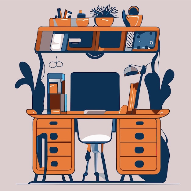 Vector kabinet met computer en hangplanten pen en boeken hand getrokken concept geïsoleerde illustratie