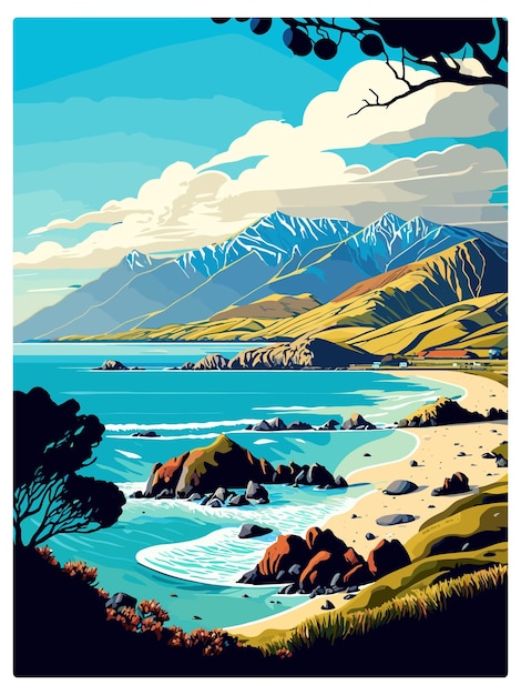 Kaikoura Nieuw-Zeeland Vintage reisposter Souvenir postkaart Portret schilderij WPA illustratie