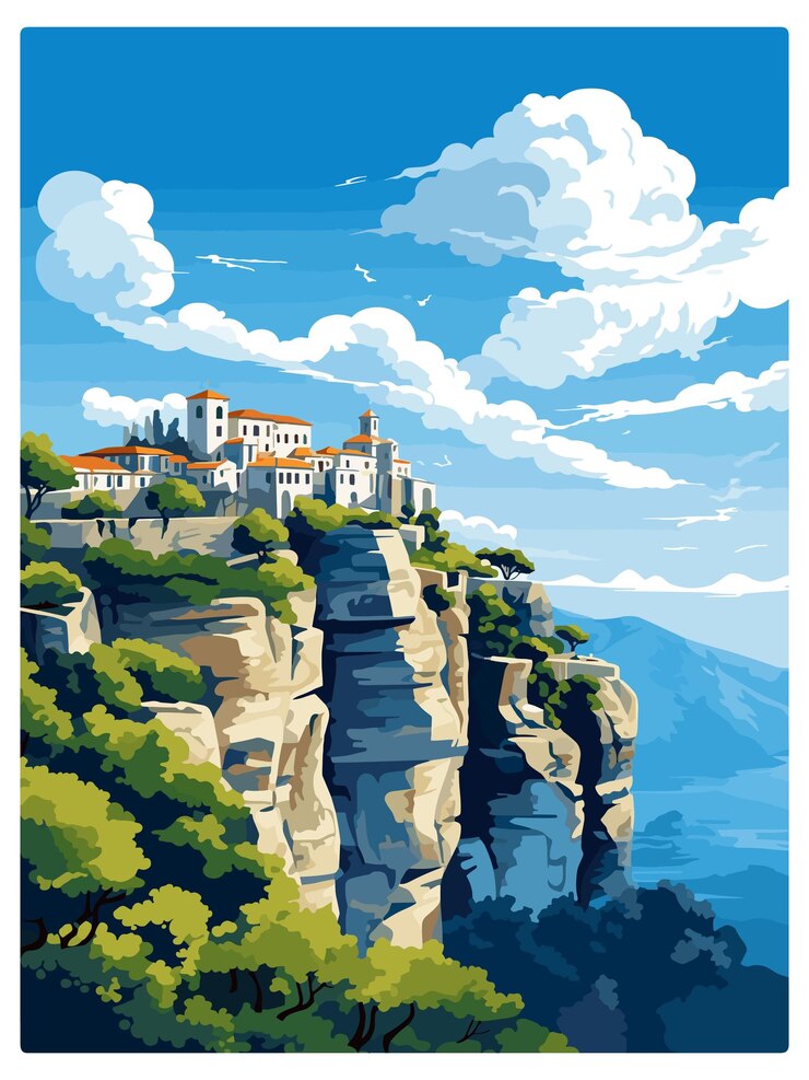 Vector kalambaka greece vintage travel poster souvenir postcard portrait painting wpa illustration
