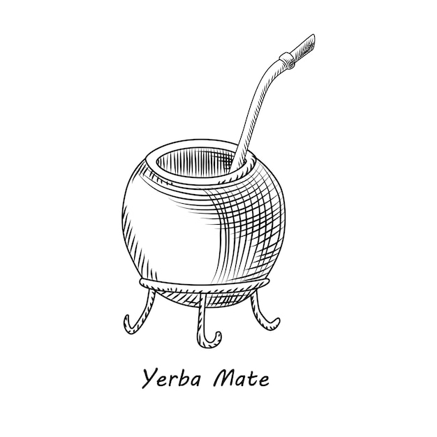 Kalebas voor yerba mate drankje geïsoleerd op een witte achtergrond. Mate thee gravure stijl vectorillustratie.