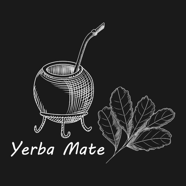 Vector kalebasboom en bombilla voor yerba mate-drank op zwarte achtergrond
