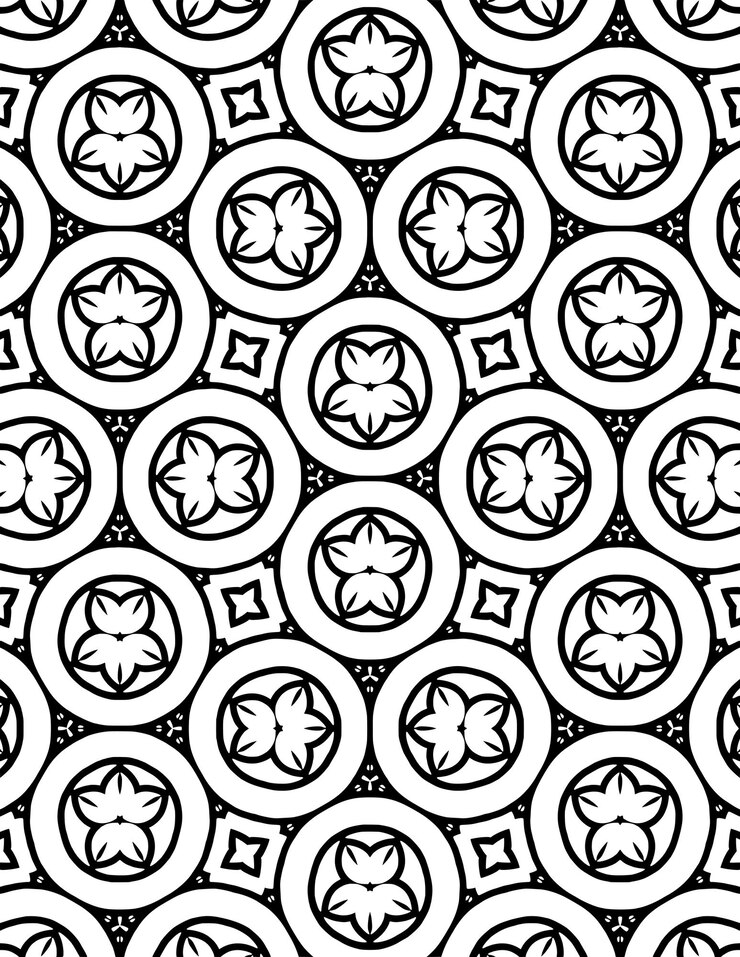 Vector kaleidoscope geometric pattern background repeated illustration black and white lineart