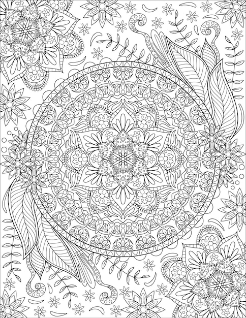 Vector kaleidoscope symmetrical flowery symbol colorless line drawing geometrically circular equal