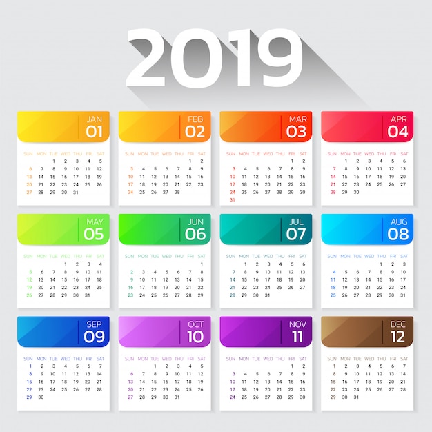 Kalender 2019 jaar kleurrijke kleurovergangsmalplaatje.