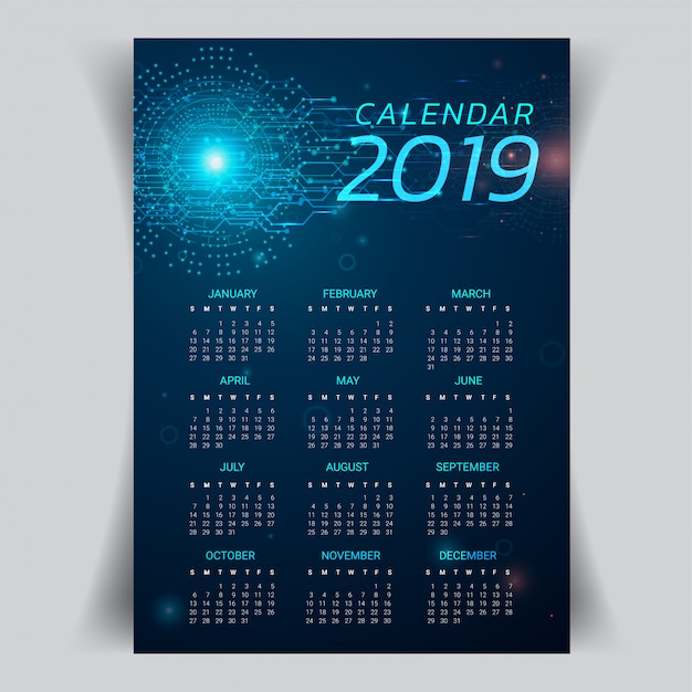 Kalender 2019 jaar met abstracte technische achtergrond.