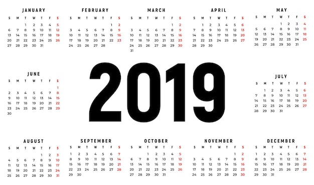 Vector kalender 2019 jaar zwart-wit vector sjabloon week begint op zondag basisraster pochet kalender klaar ontwerp