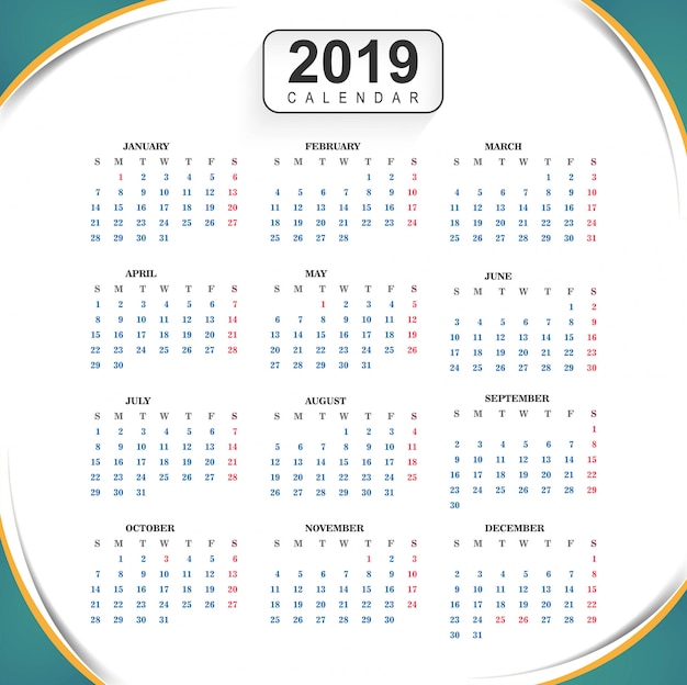 Vector kalender 2019 sjabloon met golf achtergrond