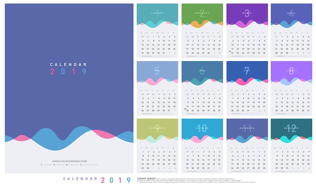 Vector kalender 2019 trendy verlopen wave met pastelkleur