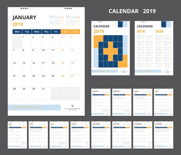 Kalender 2019 voor sjabloonontwerp begint de week op maandag.