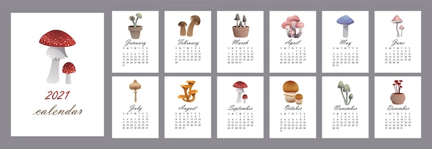 Kalender 2021, ontwerp met paddenstoelen vanaf 12 maanden