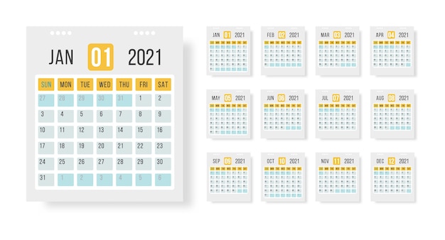 Kalender 2021 sjabloon lay-out. jaarkalender van 12 maanden ingesteld in 2021 op witte achtergrond voor organisatie en bedrijf. illustratie voor web, herinnering, planner.