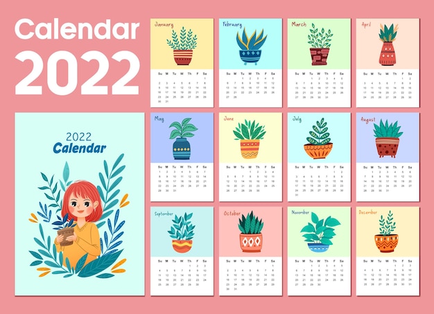 Kalender 2022 12 maandpagina's met schattige kleurrijke kamerplantillustratie