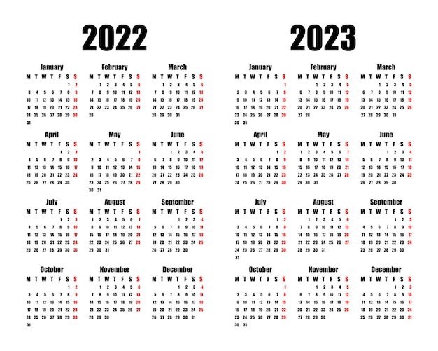 Kalender 2022 en 2023 week begint op maandag basis zakelijke sjabloon vectorillustratie