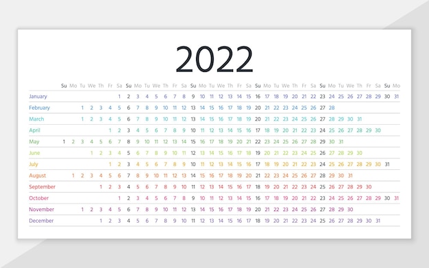 Kalender 2022 jaar. Lineaire planner sjabloon. Jaarlijkse horizontale kalender. Week begint zondag. illustratie.