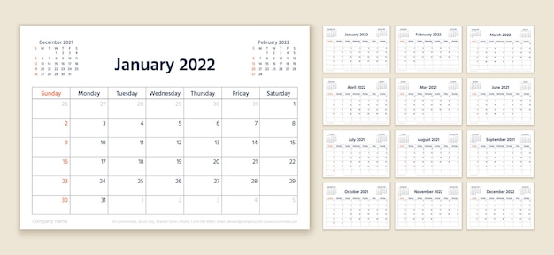 Kalender 2022 jaar. Planner sjabloon. Week begint zondag. Vector. Jaarlijkse organisator.
