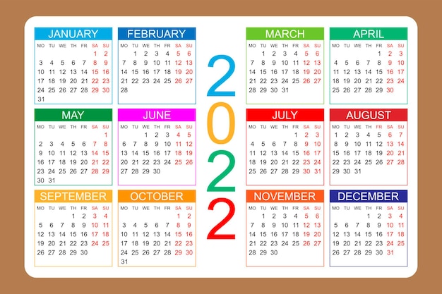 Kalender 2022 jaarlijkse Week begint op maandag Vectorillustratie