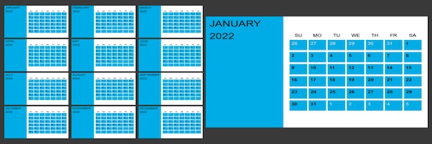 Kalender 2022 jaarlijkse week begint op zondag vectorillustratie