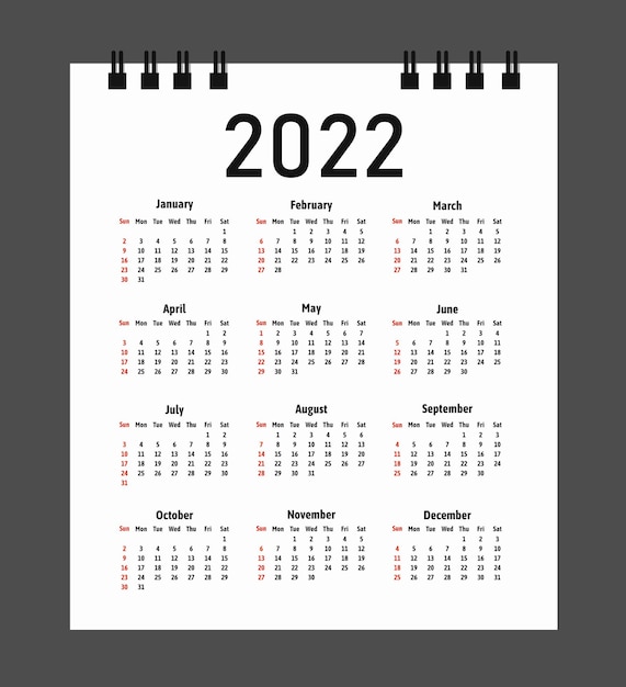 Kalender 2022 jaarweek begint op zondag
