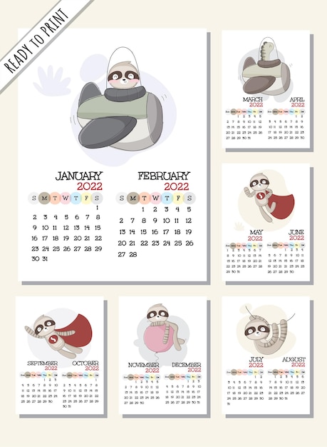 Kalender 2022 met platte cartoon dieren illustratie illustratie schattig dier met 12 maanden cal