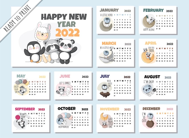 Kalender 2022 met platte cartoon dieren illustratie Illustratie schattig dier met 12 maanden cal