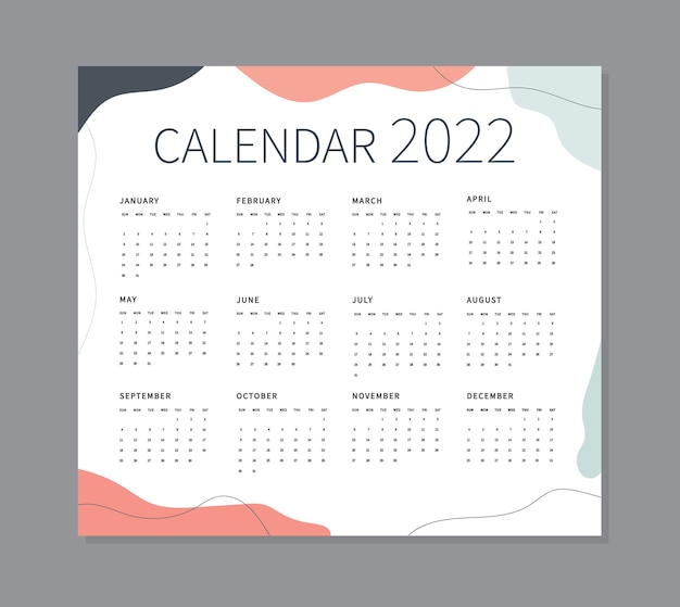 Kalender 2022 sjabloon Minimaal ontwerp Begint zondag Trendy bewerkbaar