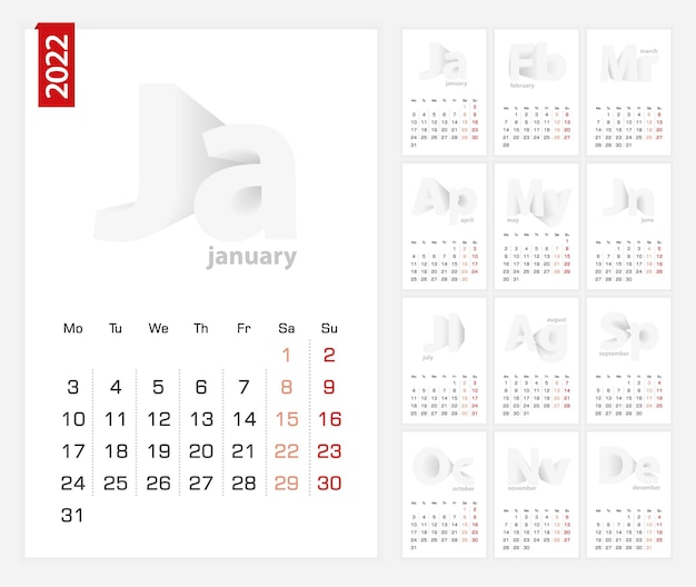 Kalender 2022 sjabloon, minimalistische kalender ingesteld voor 2022 jaar.