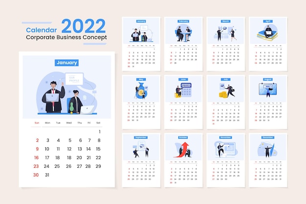 Kalender 2022 sjabloonontwerp met zakelijke profielillustratie