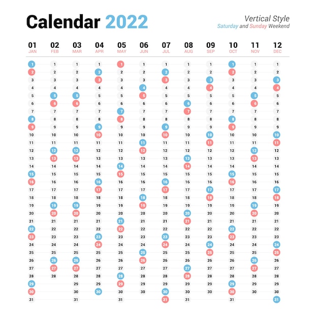 Kalender 2022 verticaal ontwerp zaterdag en zondag weekend
