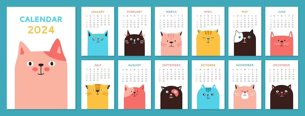 Kalender 2023 cartoon Katten sjabloon paginaomslag set Maandelijkse typografie schattige kat huisdieren planner