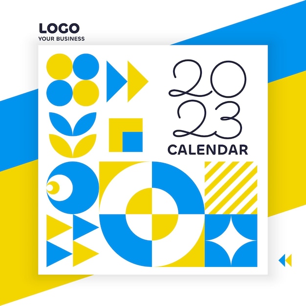 Kalender 2023 geometrische sjabloon voor uw zakelijke poster blauwe en gele kleuren minimalistisch