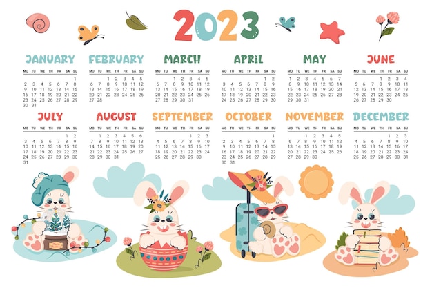 Kalender 2023 horizontale planner met schattig konijntje in verschillende seizoenen Cartoon karakter konijn als symbool van het nieuwe jaar Week begint op maandag platte vectorillustratie