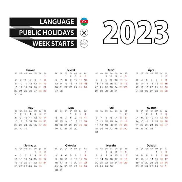 Kalender 2023 in de azerbeidzjaanse taalweek begint op maandag
