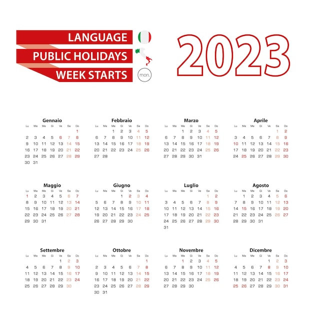 Kalender 2023 in de Italiaanse taal met feestdagen in het land Italië in het jaar 2023