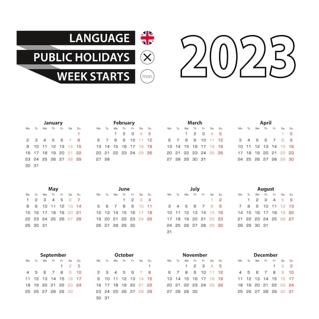 Kalender 2023 in Engelstalige week begint op maandag