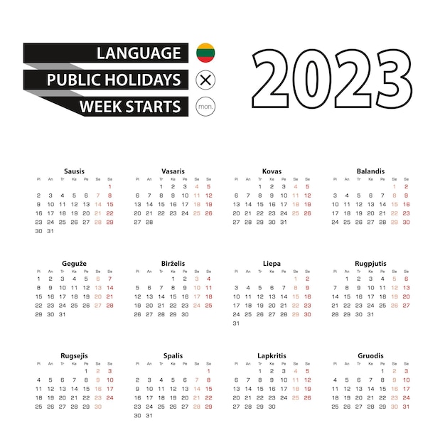 Kalender 2023 in litouwse taalweek begint op maandag